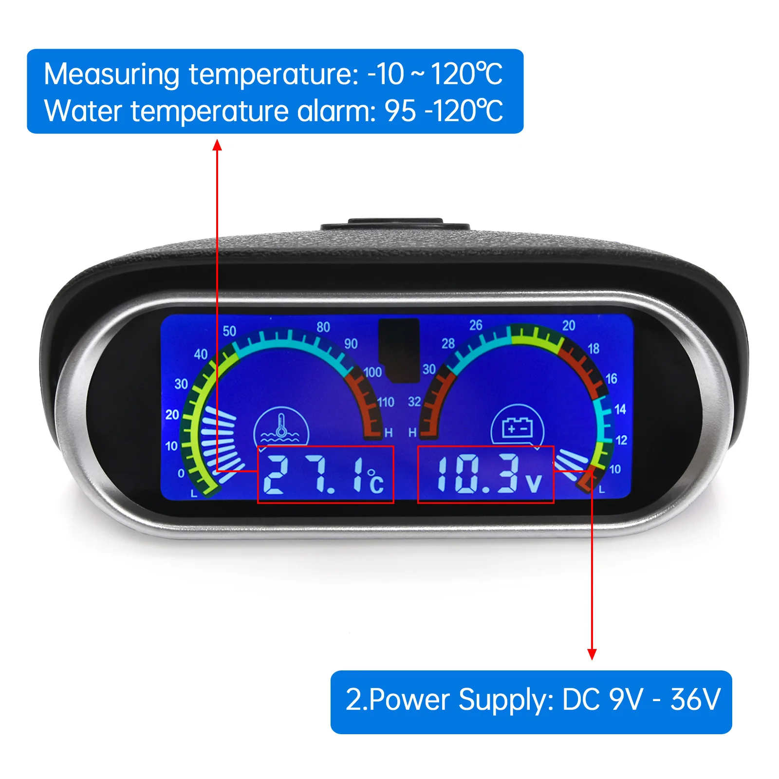 Medidor temperatura agua LCD con voltímetro 12/24 V, sensor 1/8 NPT - imagen 2