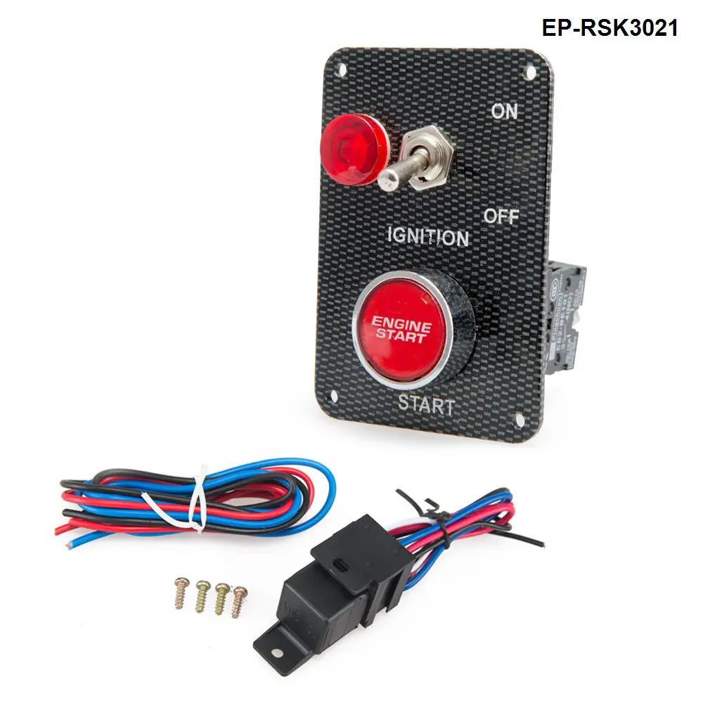 Panel de interruptor de palanca con botón de arranque iluminado en rojo