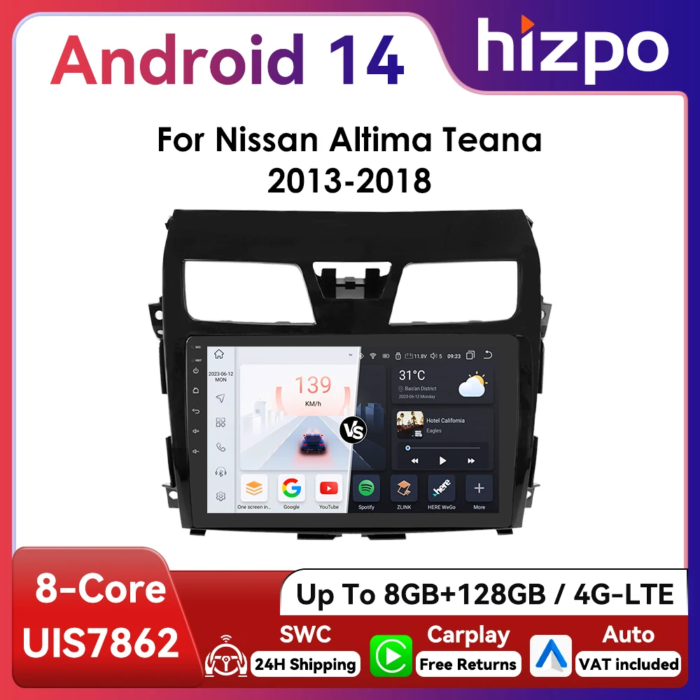 Hizpo-Radio con GPS para coche, reproductor con Android 13, 2DIN, 10,1 pulgadas, RDS, DSP, BT, 4G, CarPlay, para Nissan ALTIMA, TEANA 3, 2013 - 2018