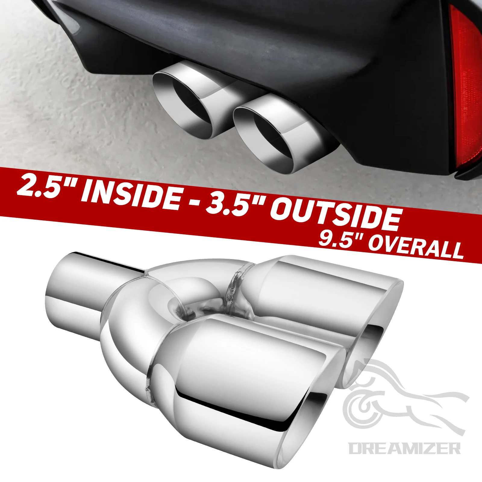 Punta de escape doble, entrada de 2,5” y salida de 3,5”