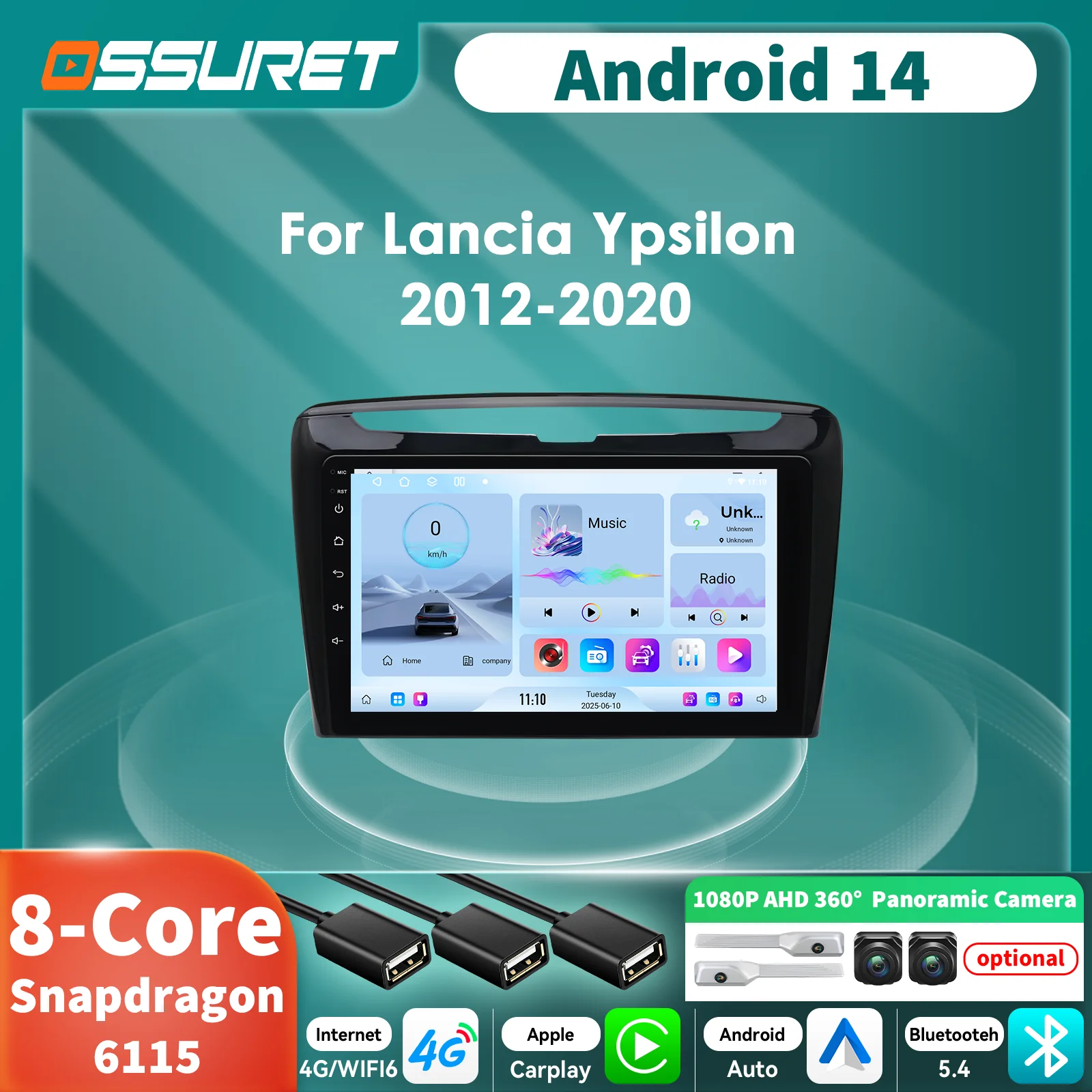 Autoradio Android CarPlay GPS y cámara 360 Lancia Ypsilon 2012-2020