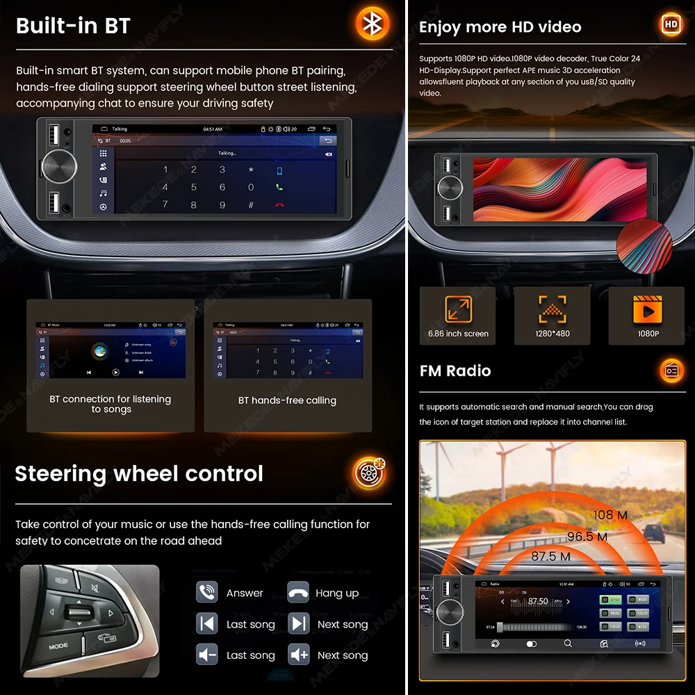 MEKEDE-reproductor Multimedia de vídeo MP5 para coche, autorradio estéreo con BT, FM, USB, enchufe tipo C, 6,86 pulgadas, 1DIN, Carplay, Android - imagen 4