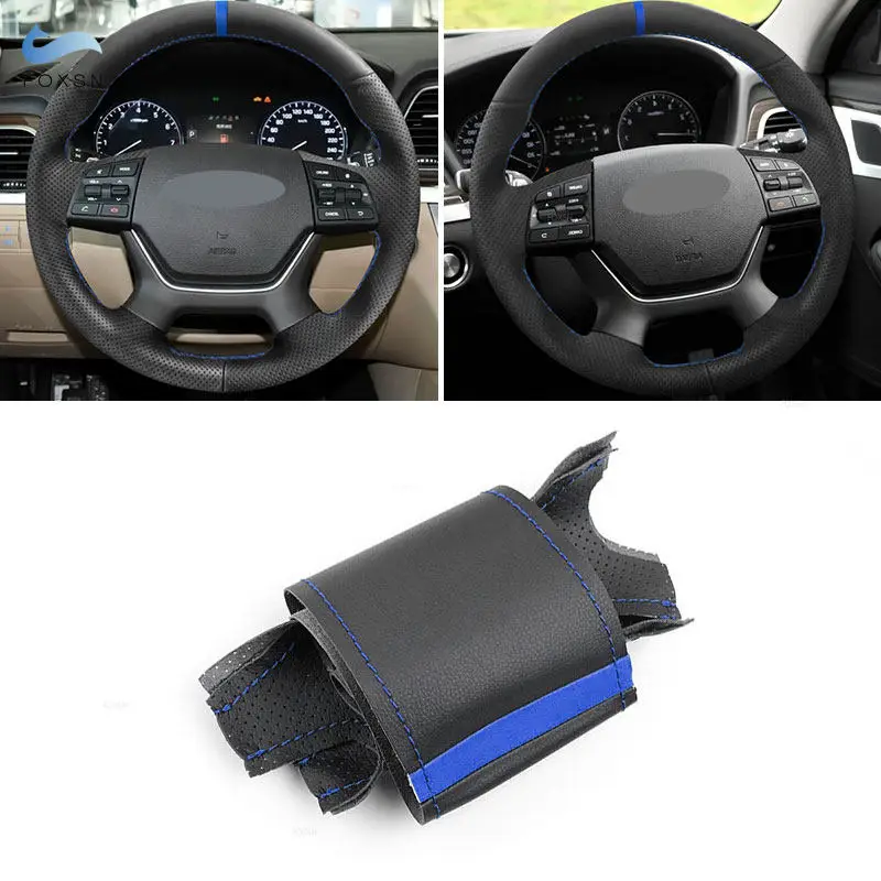 Funda de volante en cuero perforado con banda azul para Hyundai Genesis