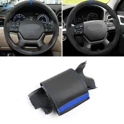 Funda de volante de cuero perforado y banda azul para Hyundai Genesis