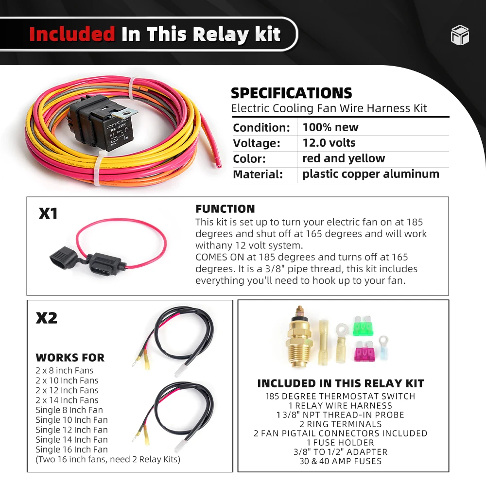 Arnés de cableado y componentes del kit de ventilador
