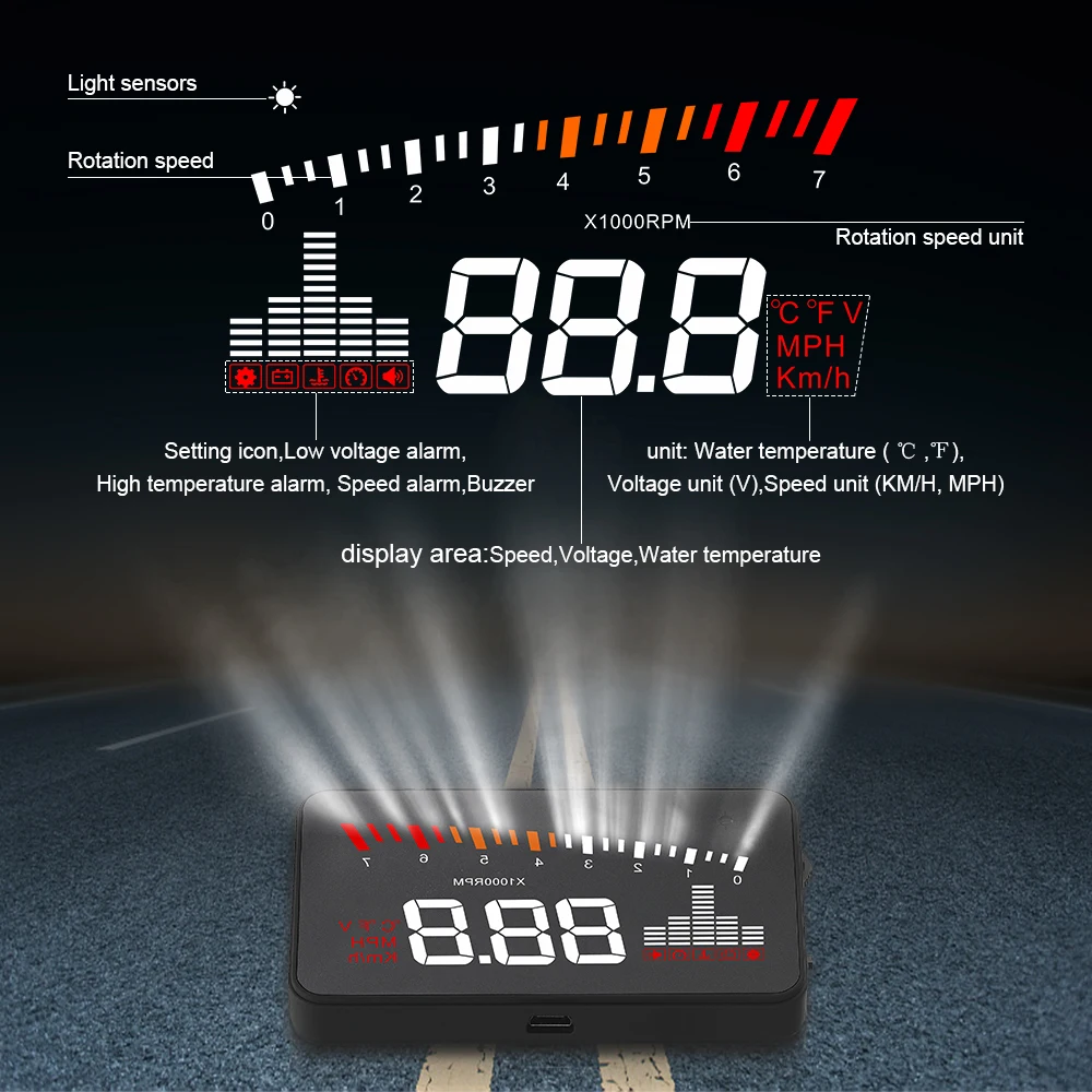 HUD OBD X5 para parabrisas con avisos de temperatura y voltaje - imagen 2