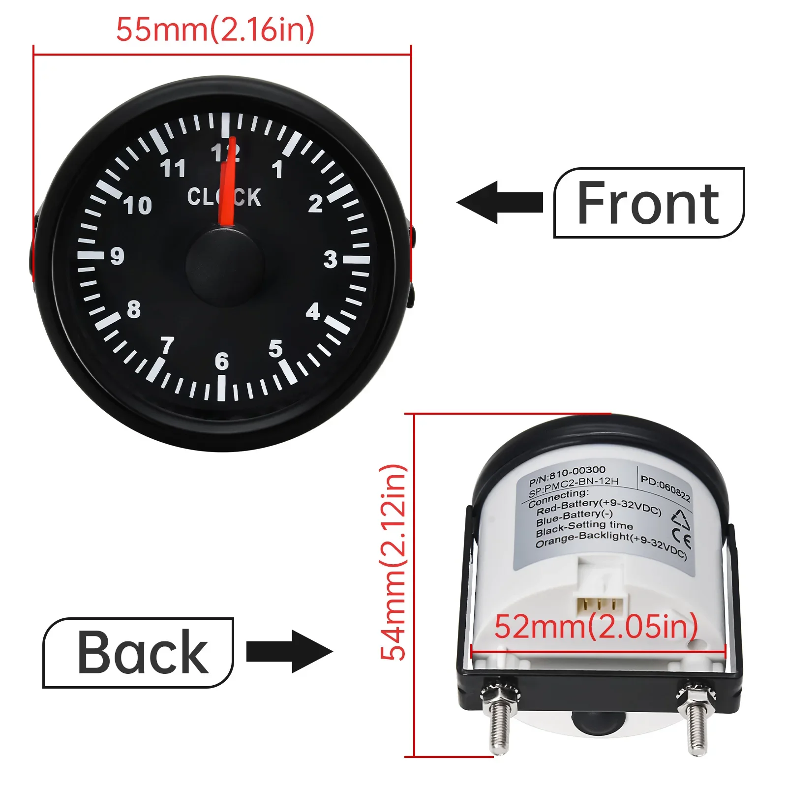 Cuentahoras 52 mm con retroiluminación roja para coche y barco, 9-32 V - imagen 2