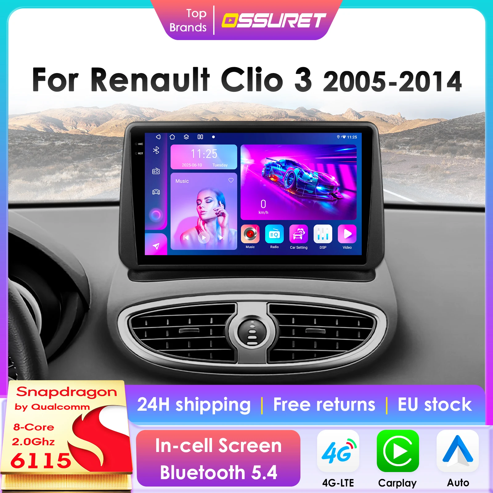 Radio multimedia Qualcomm Android 14 para Renault Clio 3 con CarPlay