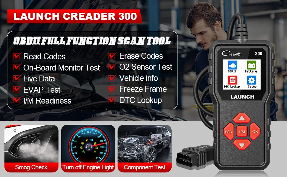 Escáner OBD2 LAUNCH CR300 con pantalla mostrando códigos de diagnóstico