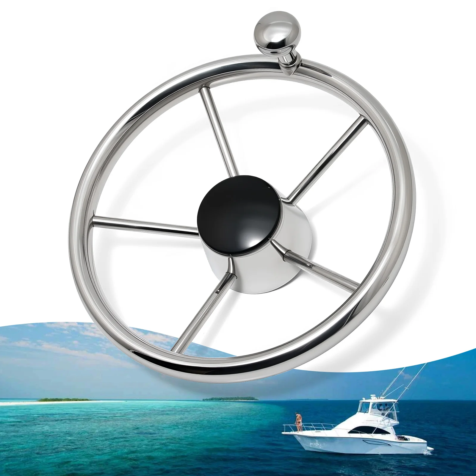 Volante destructor de 5 radios de acero inoxidable o con perilla, volante pulido con espejo para accesorios de barco yate marino - imagen 3