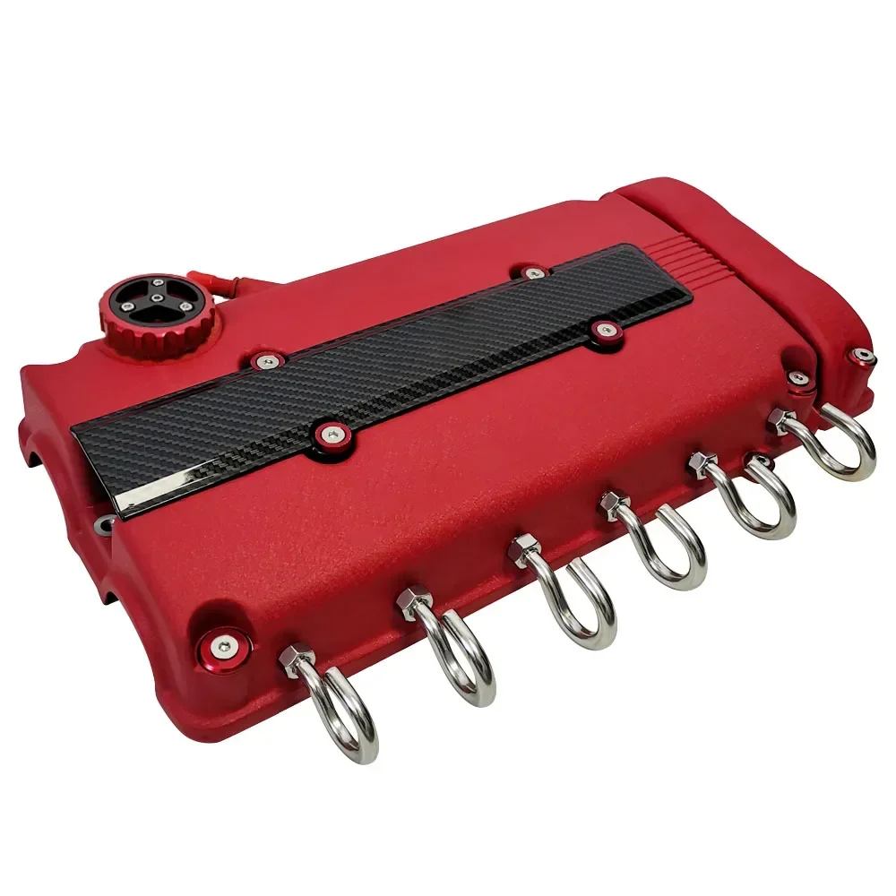 Cubierta de válvula de motor roja con ganchos instalados
