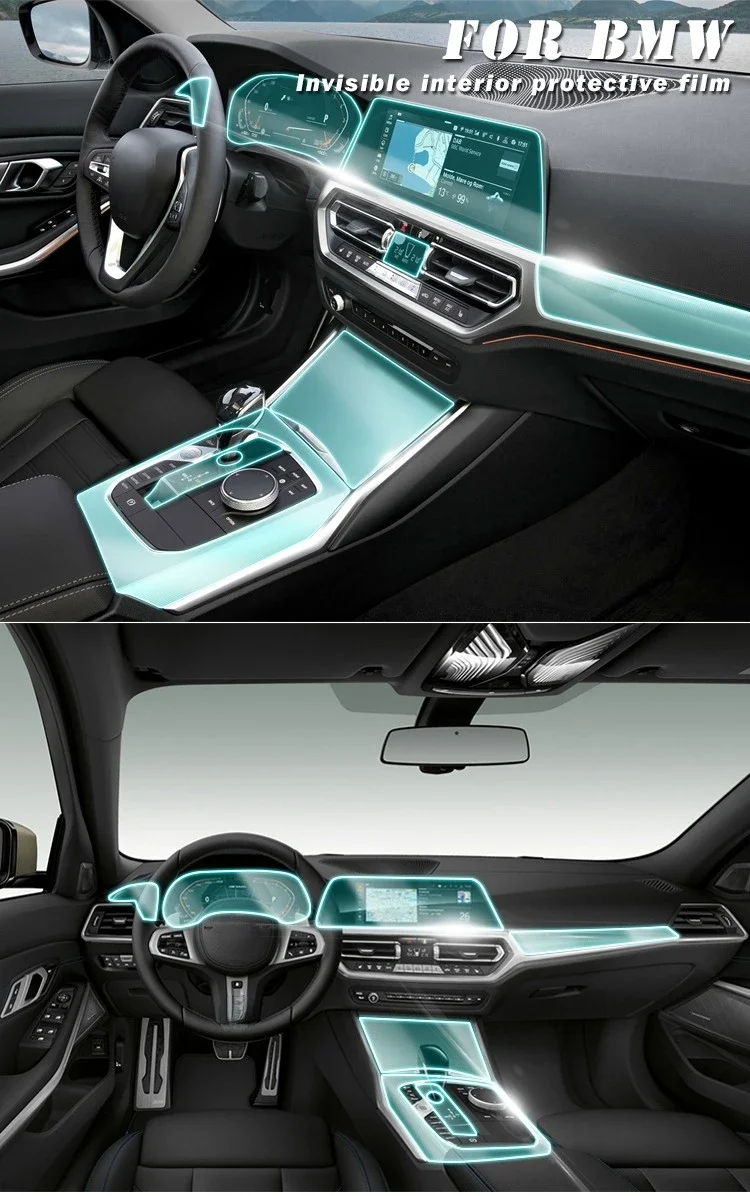 Película protectora transparente instalada en la consola de un BMW Serie 3 G20