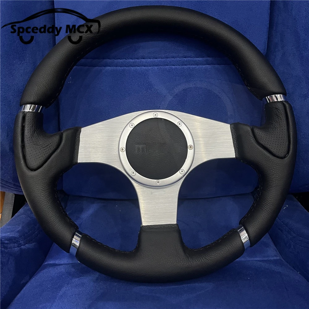 Volante de carreras de cuero con soporte plateado clásico - imagen 2