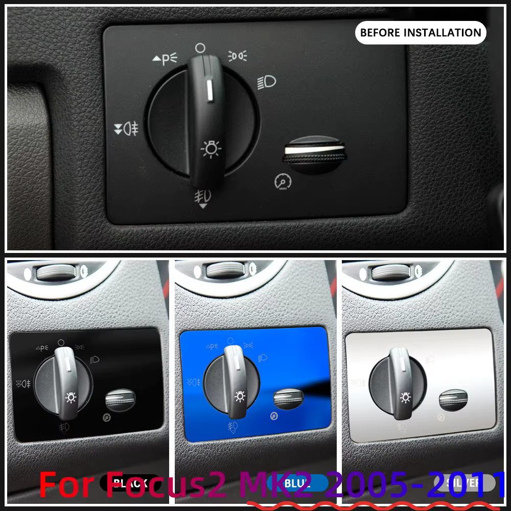LHD-pegatina de cubierta de Panel de interruptores de faros de coche, accesorios de decoración de embellecedor de acero inoxidable para Ford Focus 2 MK2 2005-2011