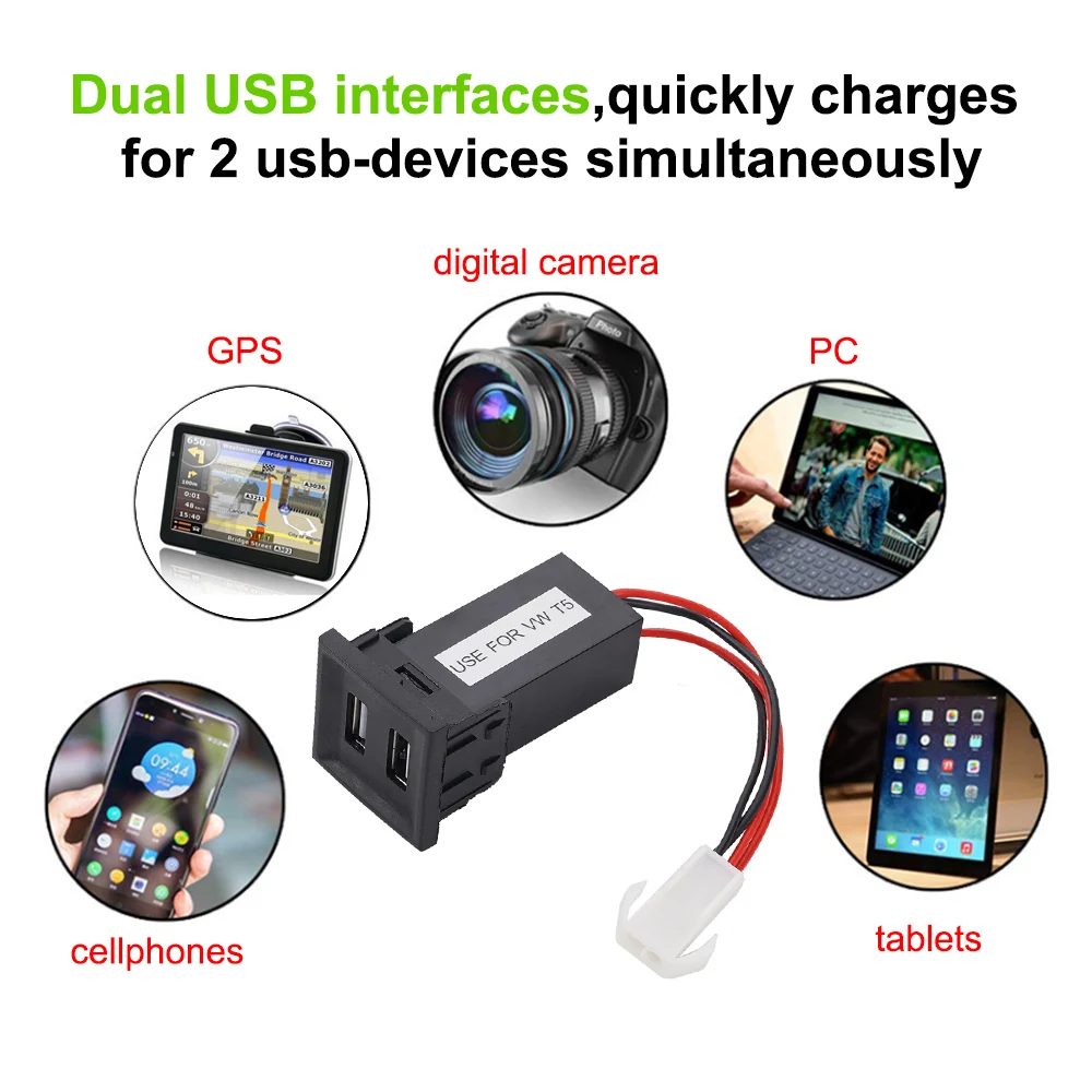 Cargador USB 12V doble para VW T5 Transporter 2003-2009 - imagen 3