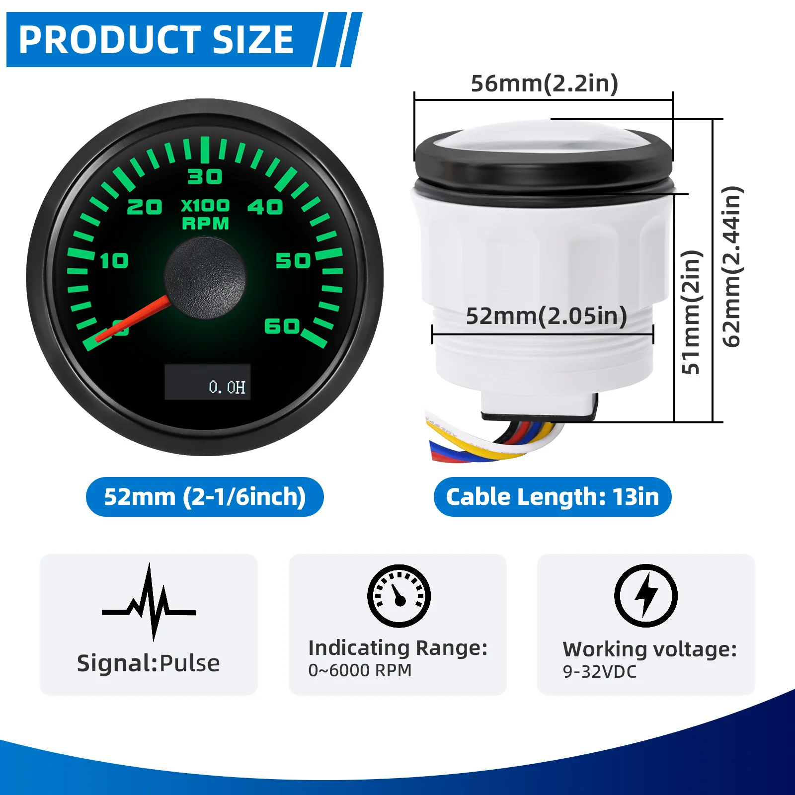 Tacómetro de 52 mm con retroiluminación multicolor 12/24V para barcos - imagen 5