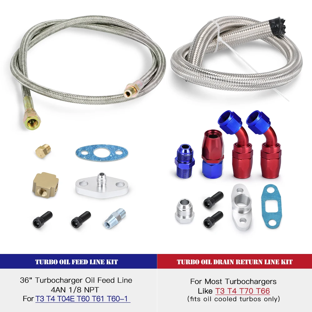 PQY Kit líneas de aceite turbocompresor T3/T4 azul y rojo - imagen 2