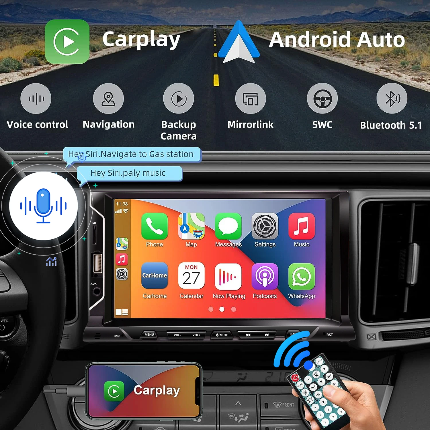 Radio 2 DIN pantalla táctil CarPlay y Android con cámara trasera - imagen 2