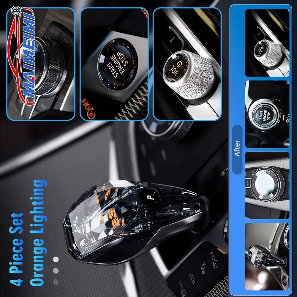 Juego de 4 piezas de perilla de palanca de cambios de cristal con retroiluminación naranja perilla de palanca de cambios automática apta para la serie BMW - imagen 2