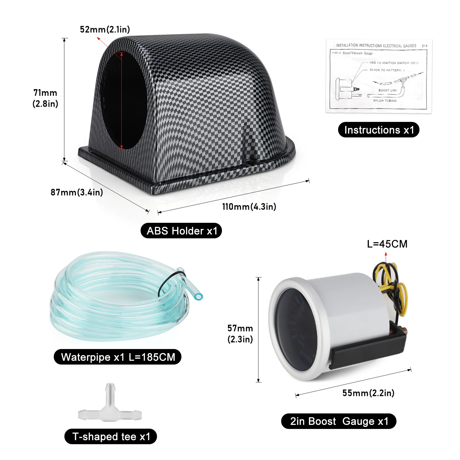 Manómetro turbo 52 mm 0-30 PSI universal, esfera fibra de carbono - imagen 2
