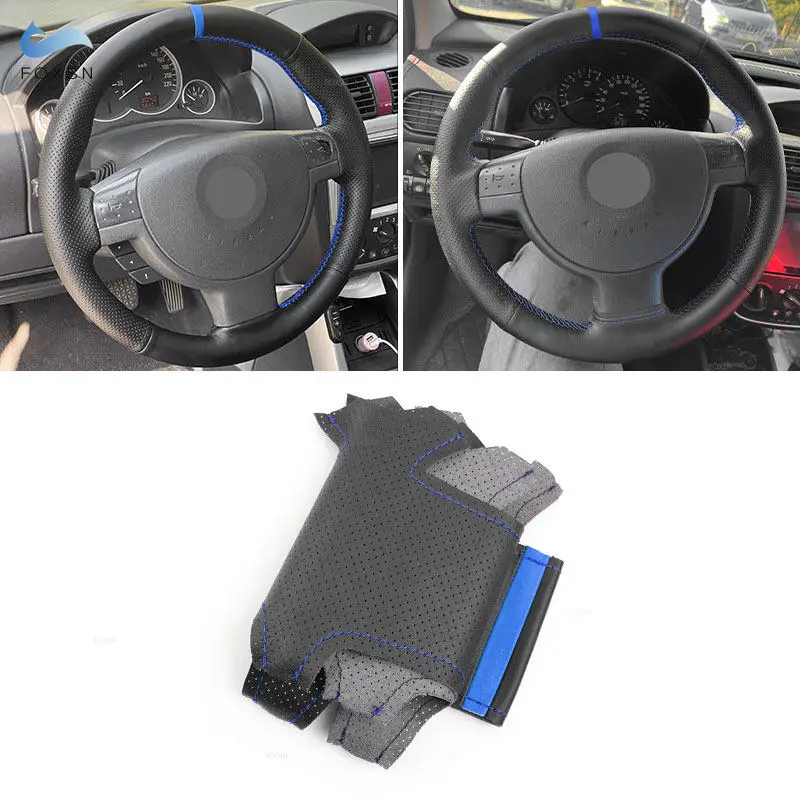 Para Opel Corsa C Combo C 2001-2006 Vauxhall Holden Tigra trenza a mano protector para volante de coche cuero negro línea azul tira azul