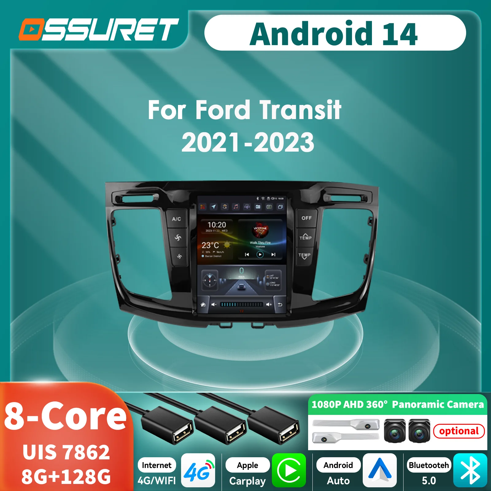 Autoradio 9.7 CarPlay Android 14 GPS Ford Transit 2021-2023