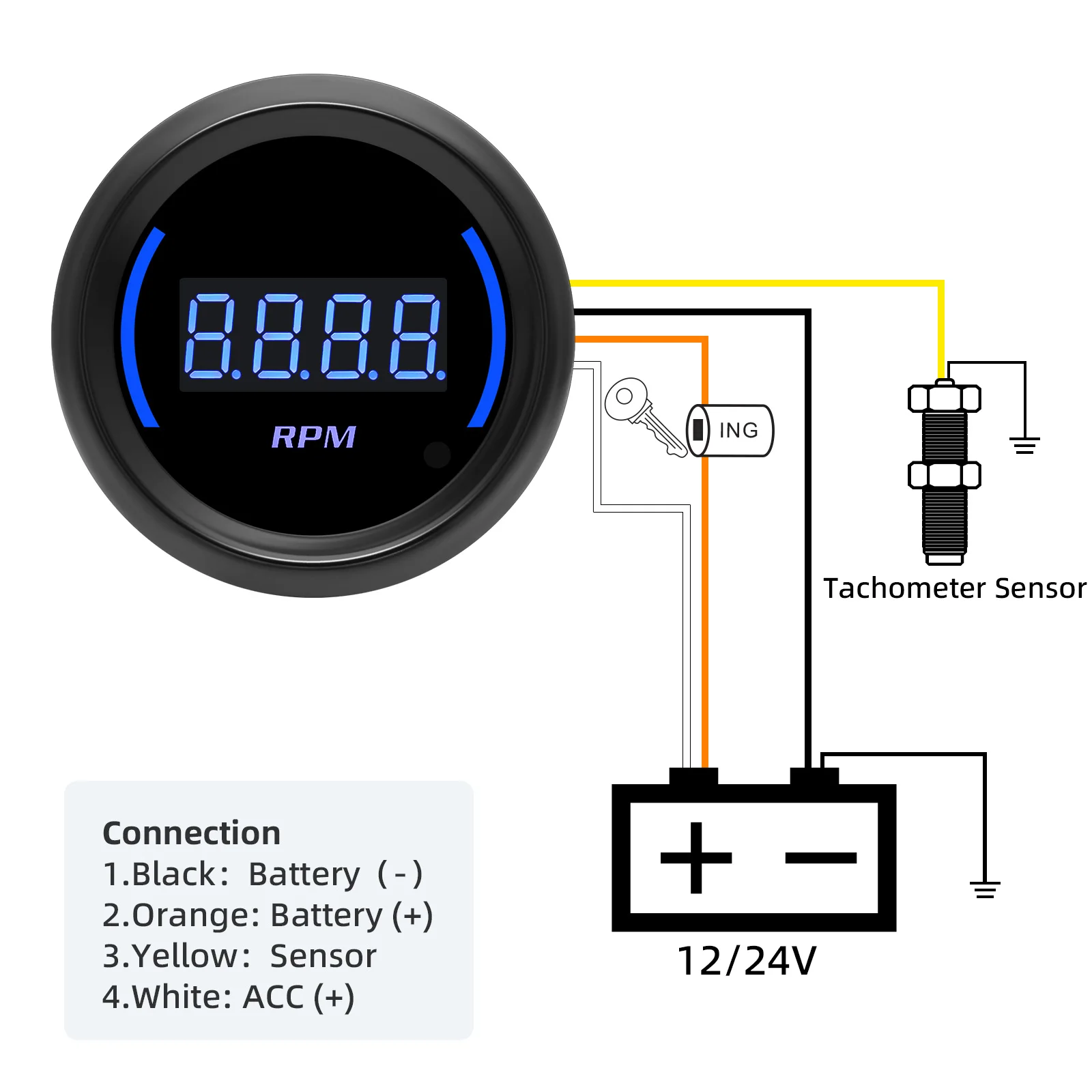 Tacómetro 52 mm 0-9000 rpm con LED azul 12 V para 1-8 cilindros - imagen 3