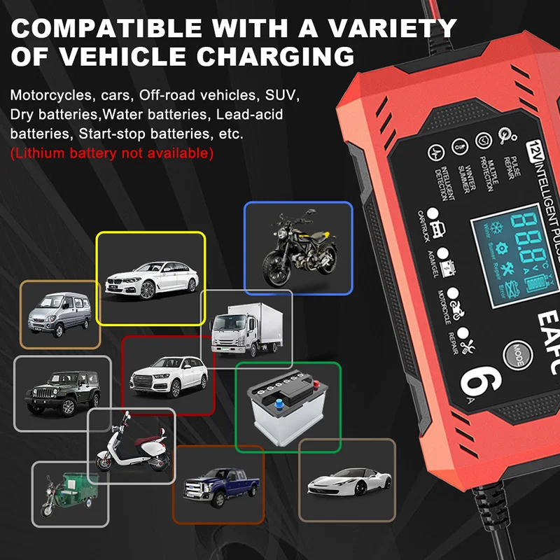 Cargador inteligente 6A 12V baterías plomo-ácido coche y moto – LCD - imagen 3