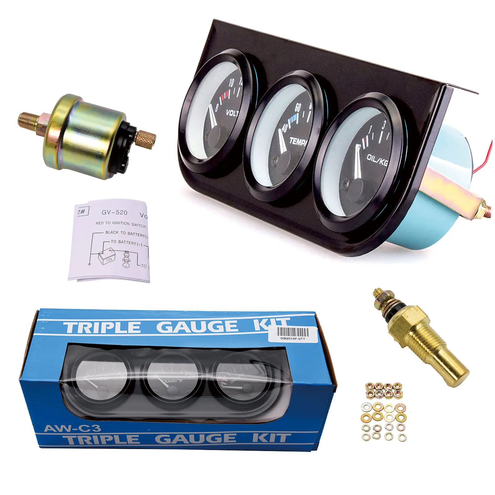 Triple Medidor Coche 3 en 1 52mm - Voltaje, Temp. Agua, Presión Aceite