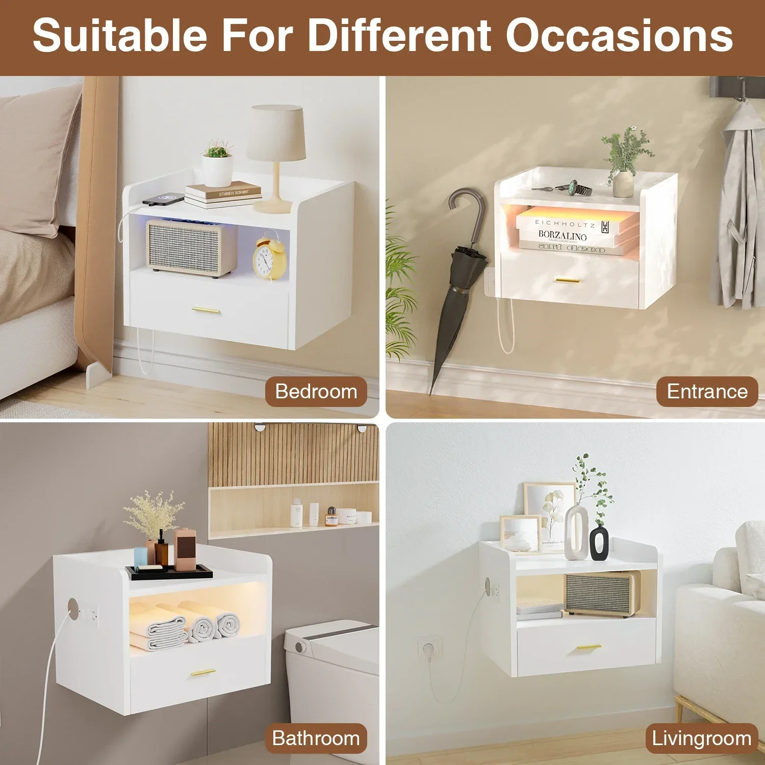 Mesita de noche de pared con cajón y estación de carga USB con luz - imagen 2
