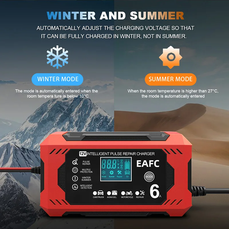 Cargador inteligente 6A 12V baterías plomo-ácido coche y moto – LCD - imagen 4
