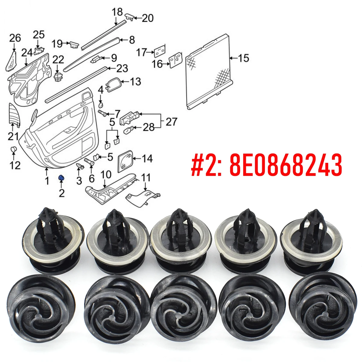 8E0868243 Clips de panel de puerta para Audi A3 8P y A4 B6/B7 - imagen 2