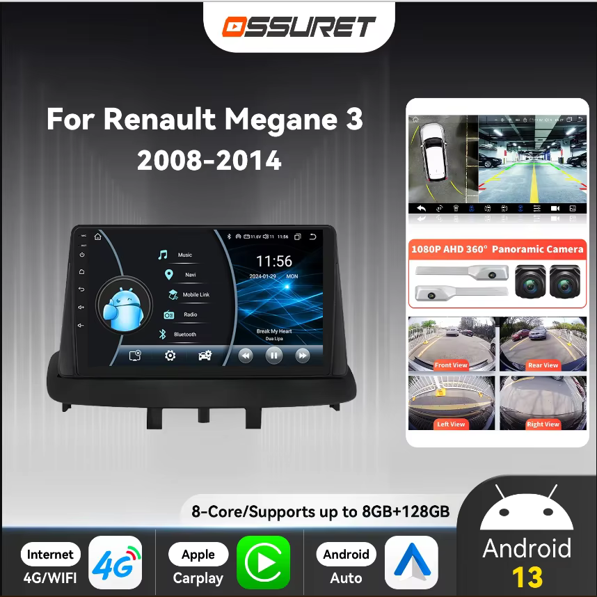Autoradio Android 13 GPS CarPlay para Renault Megane 3 2008-2014