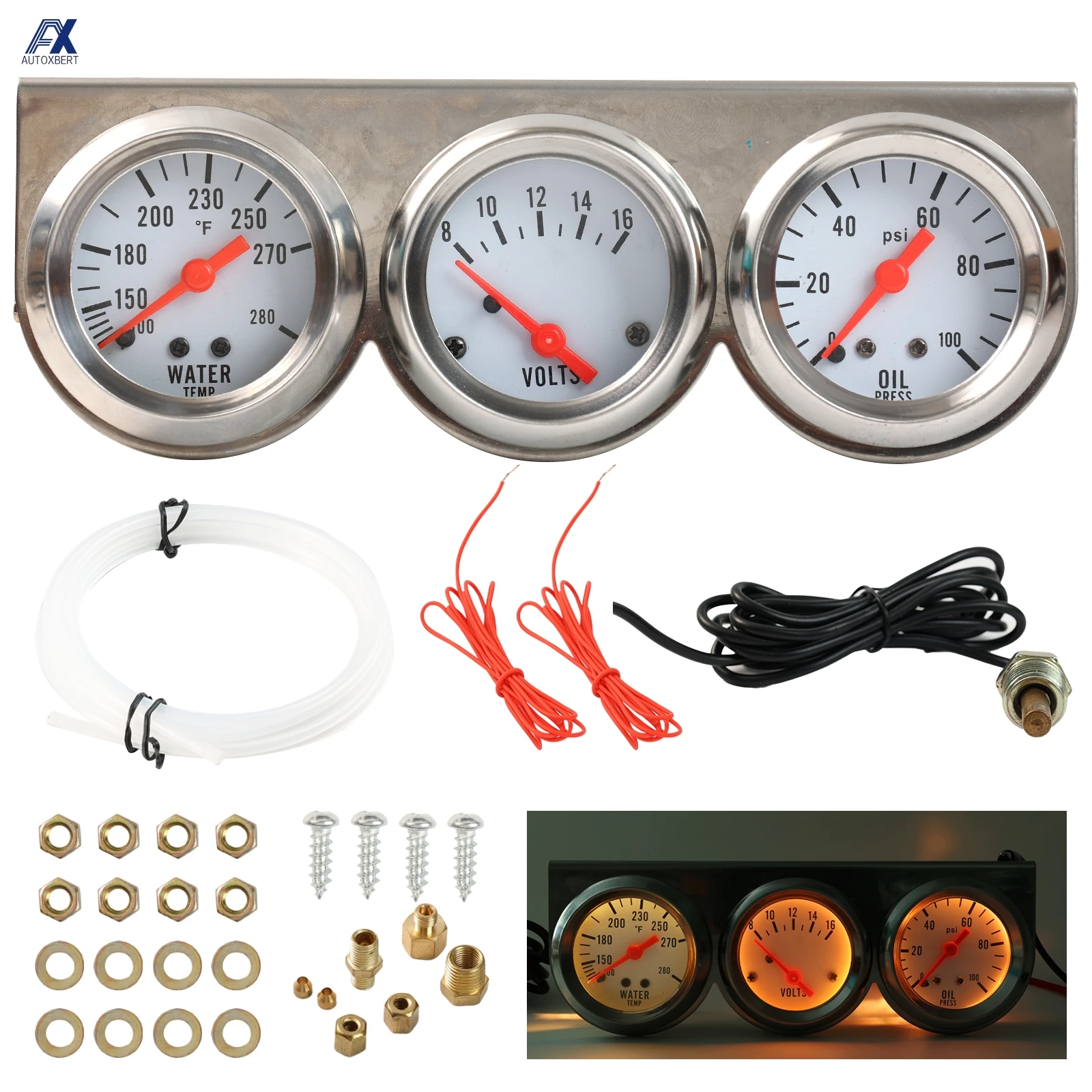 Kit triple reloj 52mm cromado: temperatura, presión aceite, voltímetro