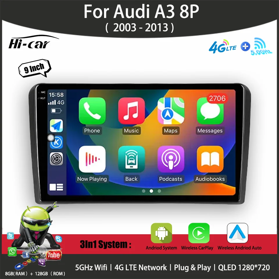 Radio del coche para Audi A3 8P 2003 - 2013 Multimedia GPS autoradio 4G WIFI DSP 8G + 128G 2 Din Android 13 reproductor Multimedia Carplay
