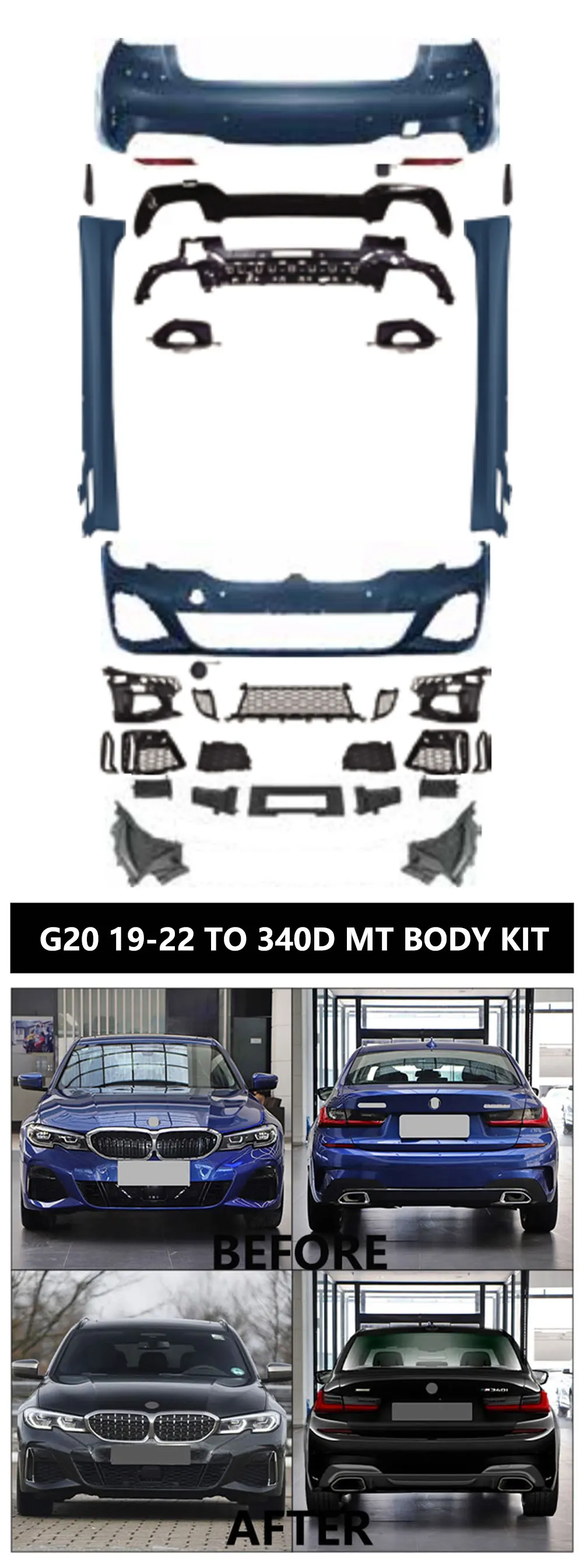 Kit de parachoques frontal negro estilo MT para BMW G20