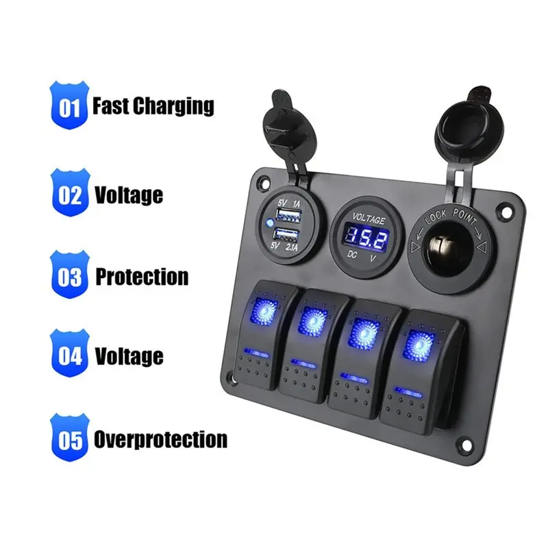 Panel de 4 interruptores LED con voltímetro y doble USB 12/24 V - imagen 2
