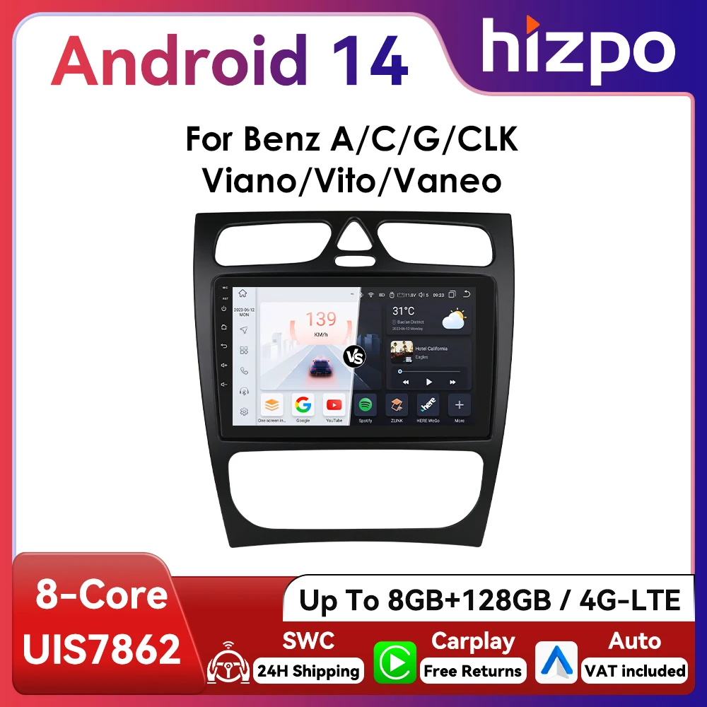 Hizpo Radio GPS Android 2Din para Mercedes Clase C CLK W203 W209