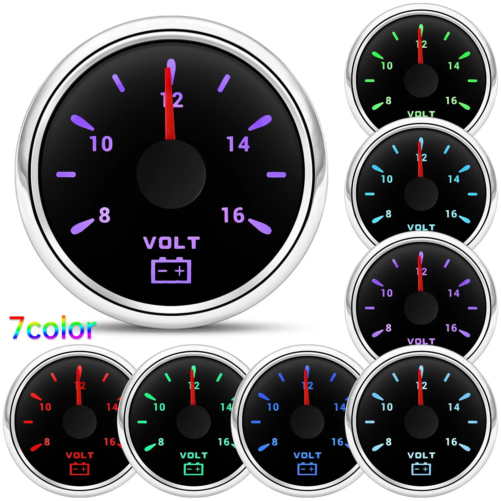 Voltímetro de retroiluminación AD de 7 colores, medidor de voltaje de 8-16V y 52mm para barco marino, coche, camión, indicador LED de voltios, 12V, 24V personalizado - imagen 3