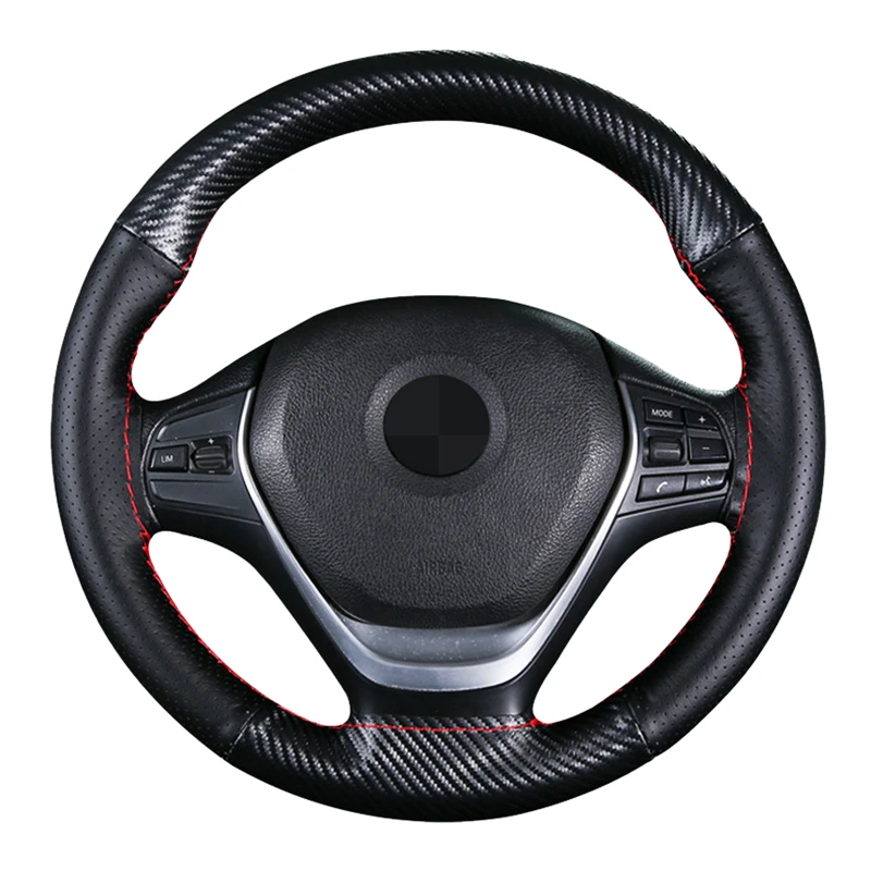Envoltura de dirección trenzada hecha a mano para Interior de coche, accesorio Universal de cuero genuino de fibra de carbono, 38cm, con aguja e hilo - imagen 3