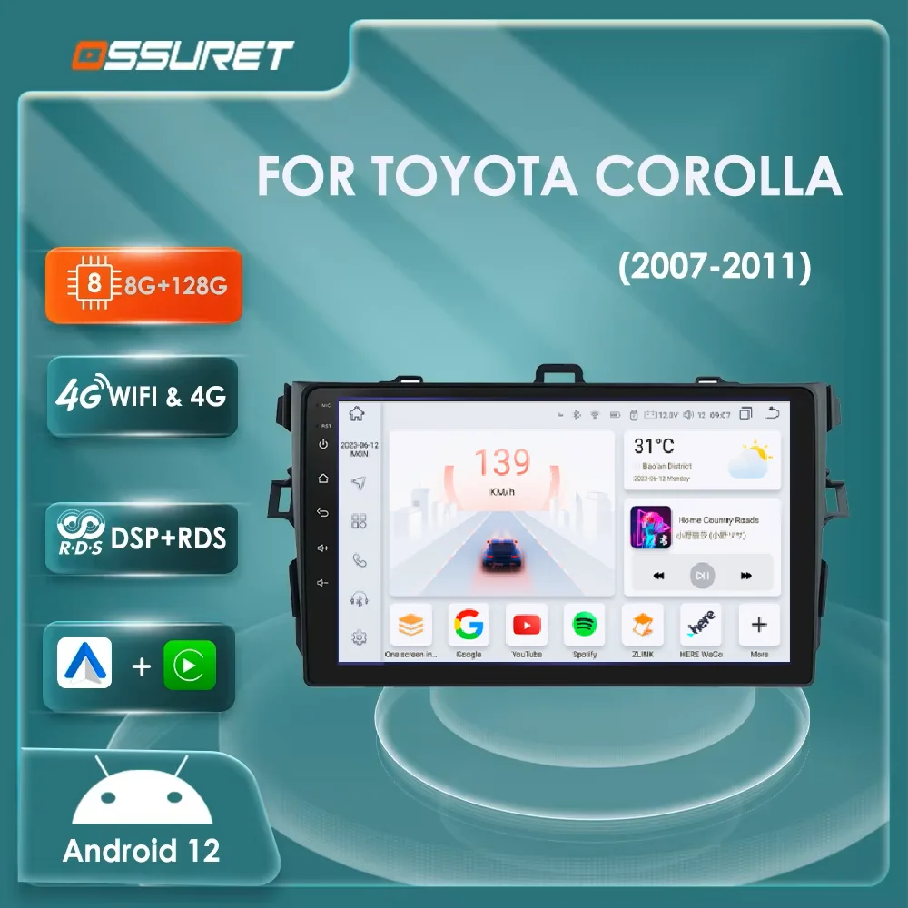 Radio Android 13 Toyota Corolla 2007-2011 2DIN con CarPlay y 8 núcleos