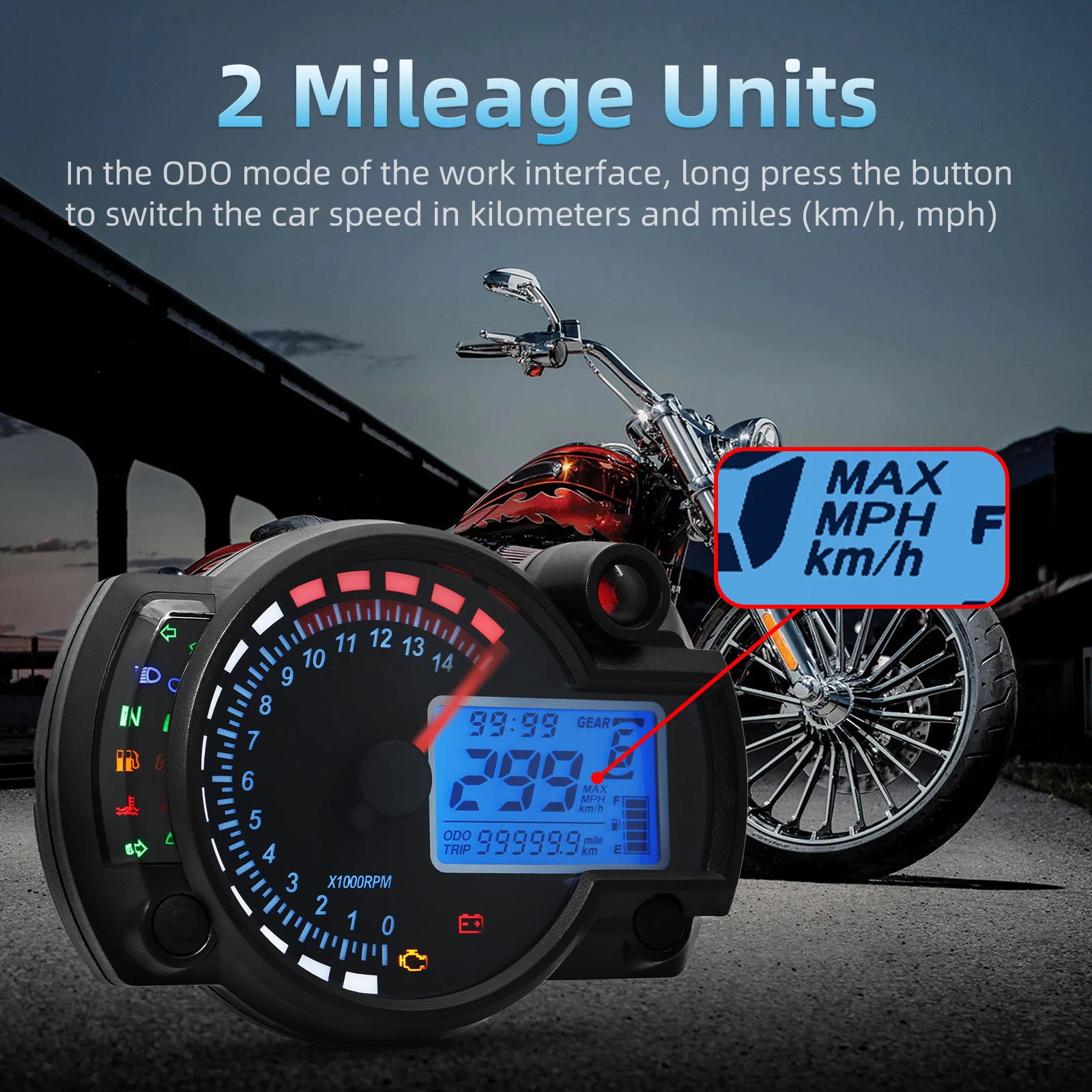 Velocímetro digital LCD para moto con tacómetro y odómetro - imagen 2