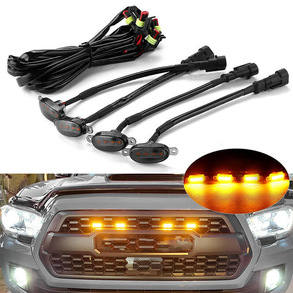 4 unids/set de luz LED para parrilla de coche, parrilla para vehículo todoterreno, rejilla de luz amarilla pequeña, luz Universal para camioneta Raptor - imagen 2