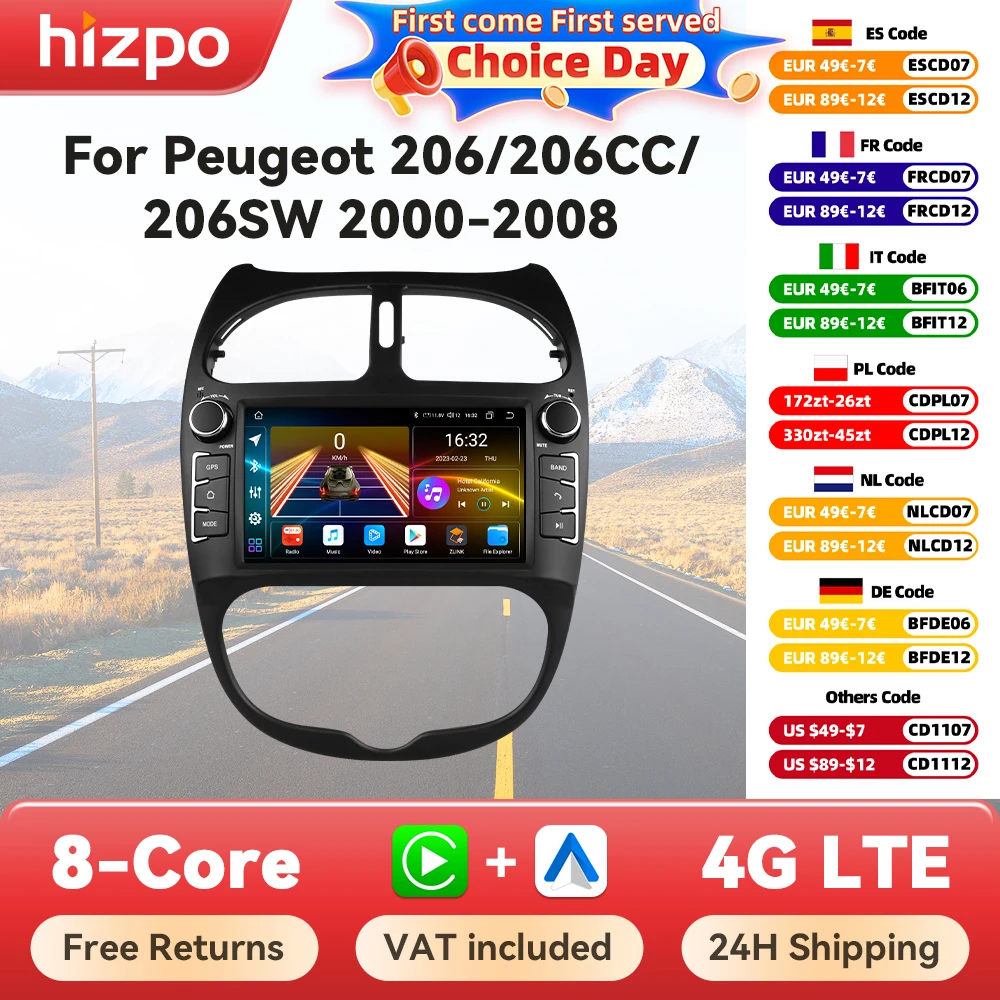 Hizpo 7 Radio Android 2DIN para Peugeot 206 (2000-2008) GPS CC/SW