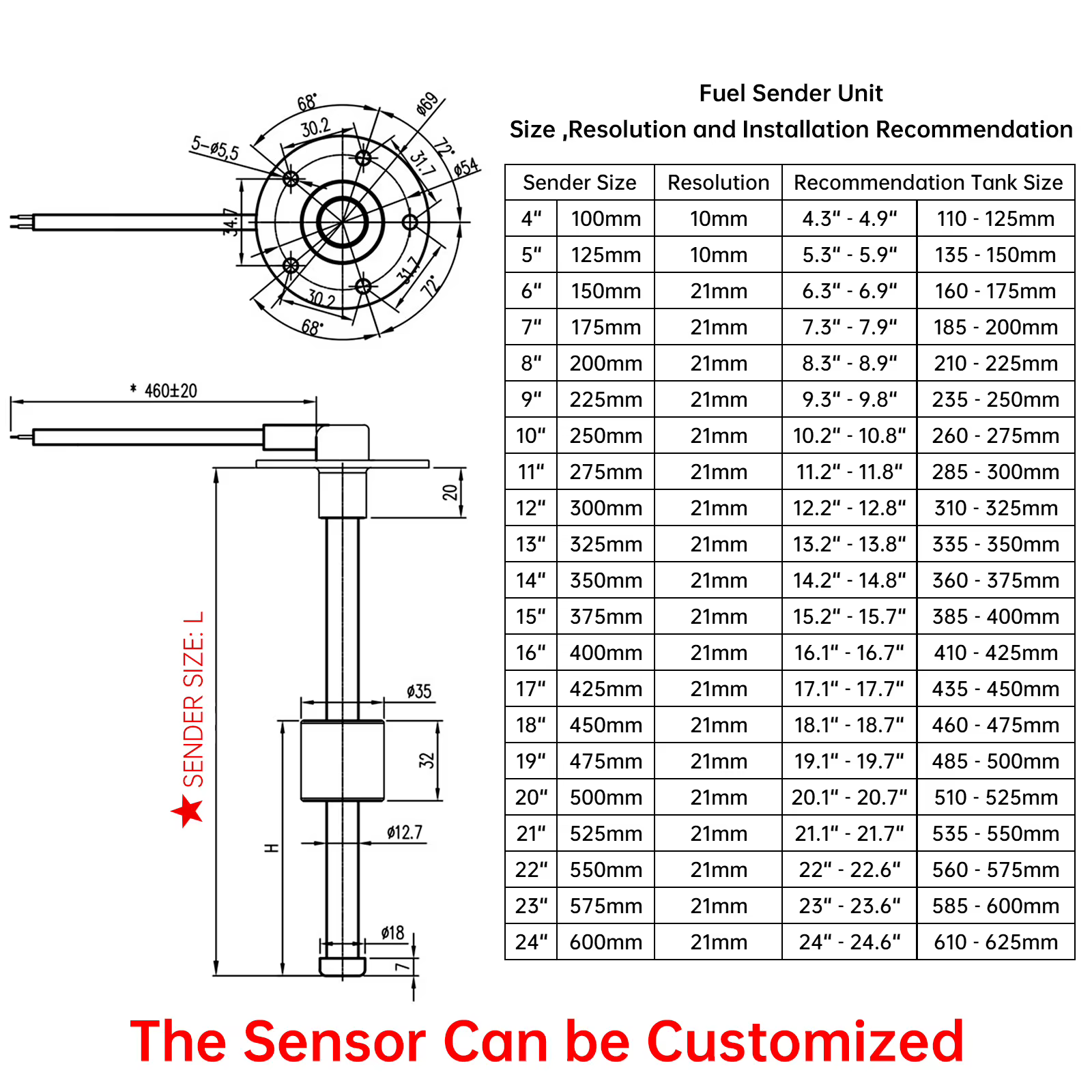 Sensor de nivel instalado para depósitos de agua o combustible
