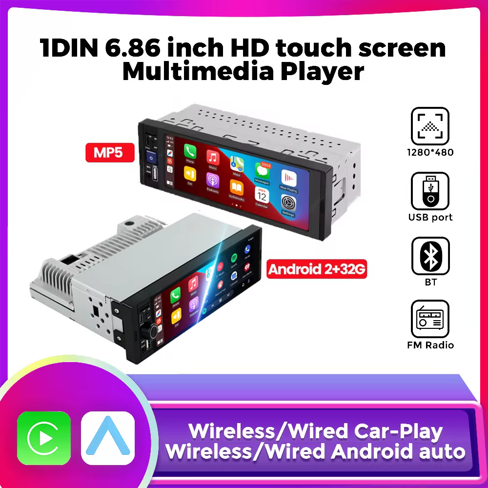 MEKEDE Radio 1DIN para coche con CarPlay Android Auto BT USB 6,86