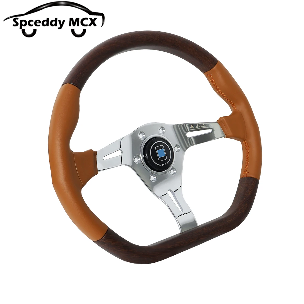Volante deportivo forma D de 350 mm con acabado madera y cuero marrón - imagen 3