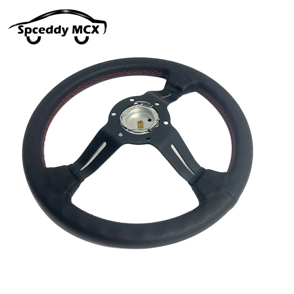 Volante deportivo de cuero perforado con radios de aluminio y rojo - imagen 5