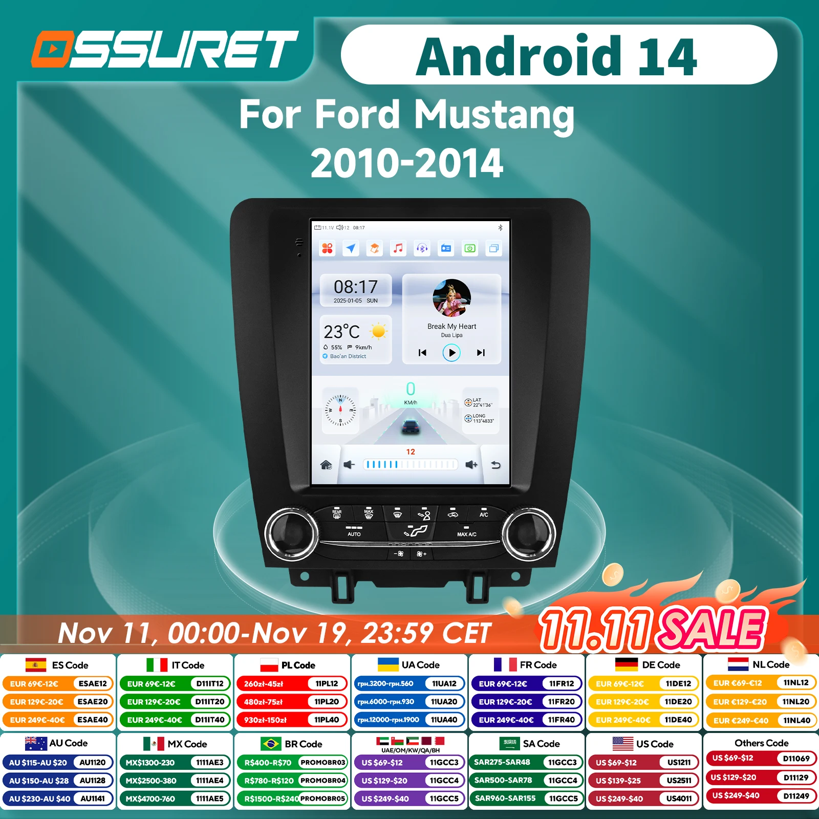 Autorradio Android 13 para Ford Mustang 2010-2014 con GPS y CarPlay