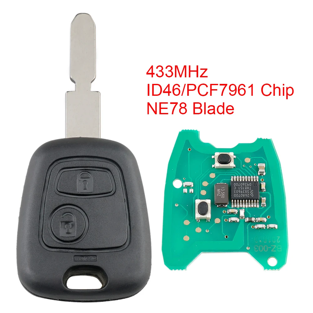 Peugeot llave remota 2 botones 433 MHz NE78 para 406/407/408/607